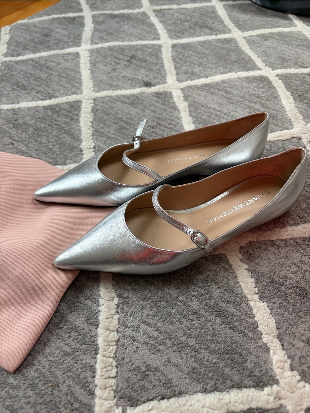 Stuart Weitzman Metallic Silver Pointed Mary Jane Flats